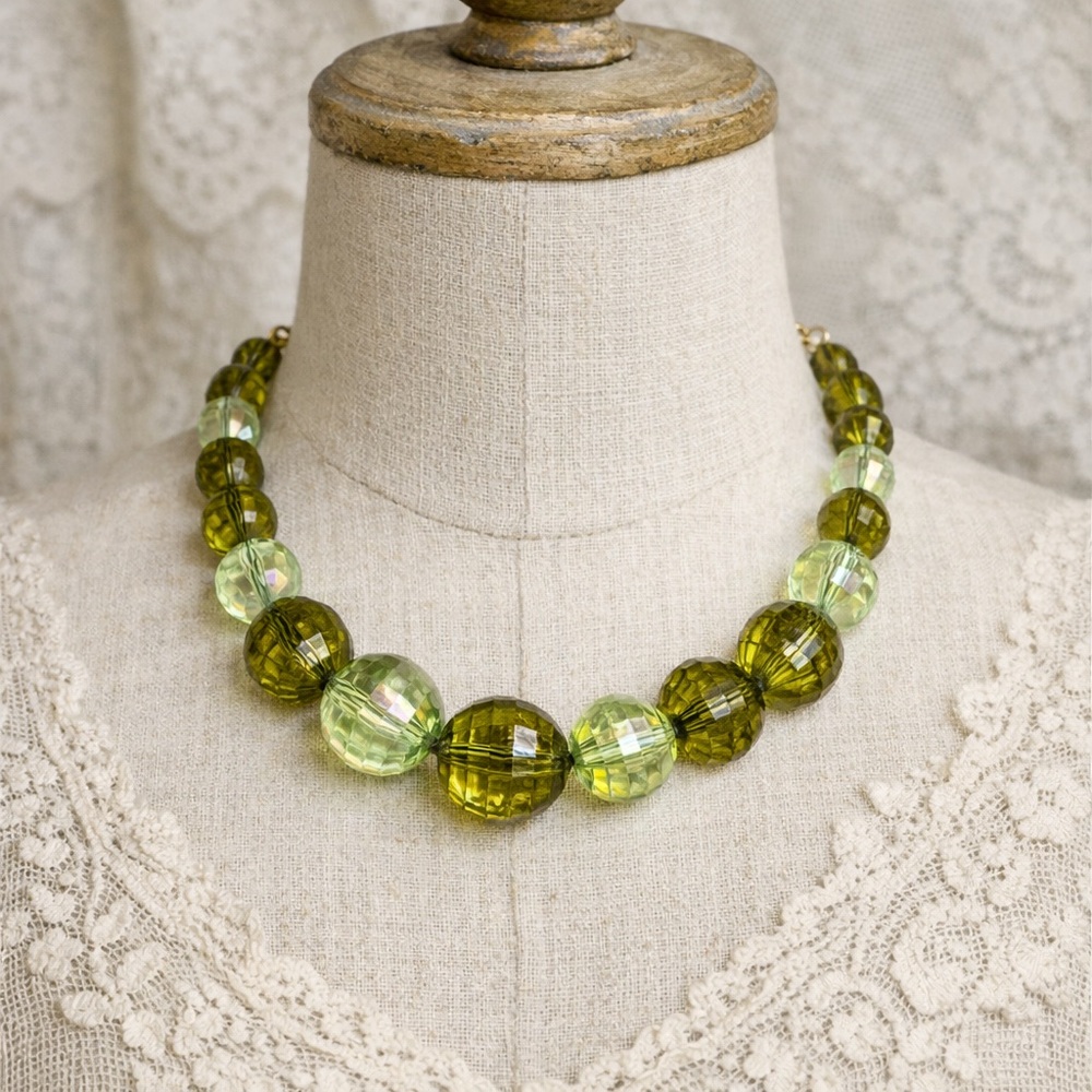 Y2K Chunky Green Bead Necklace Chartreuse Olive Faceted Statement 90s Vintage